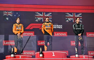 Victoria de Lando Norris seguido de Oscar Piastri y George Russell.