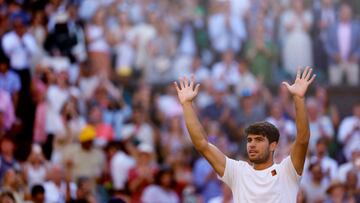 Tennis - Wimbledon - All England Lawn Tennis and Croquet Club, London, Britain - July 8, 2025 Spain's Carlos Alcaraz celebrates after winning his quarter final match against Britain's Cameron Norrie REUTERS/Andrew Couldridge TPX IMAGES OF THE DAY