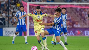 AME2014. MONTERREY (MÉXICO), 28/10/2023.- Alfonso Gonzalez (d) de Rayados disputa el balón con Alvaro Fidalgo (i) de America hoy, durante un partido correspondiente a la jornada 14 del Torneo apertura 2023 celebrado en el estadio BBVA de Monterrey (México). EFE/Miguel Sierra.