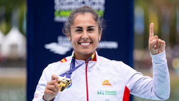 19 August 2022, Bavaria, Munich: European Championships, European Championship, Canoe, C1 500m, Women, Final, at the Olympic regatta facility Oberschleißheim. Maria Corbera from Spain is happy about the gold medal at the award ceremony. Photo: Sven Hoppe/dpa (Photo by Sven Hoppe/picture alliance via Getty Images)