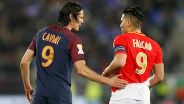 Falcao y Cavani en la final de la Copa de la Liga de Francia entre M¨®naco y PSG.