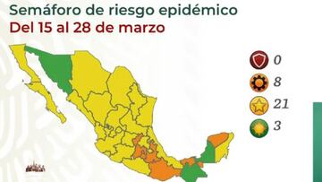 Mapa del sem&aacute;foro epidemiol&oacute;gico en M&eacute;xico del 15 al 28 de marzo