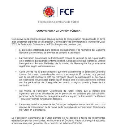 FCF informa que cumplió con las normas de aforo en Barranquilla