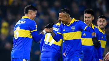 BUENOS AIRES, ARGENTINA - JULY 24: Marcos Rojo (L) of Boca Juniors celebrates with teammate Sebastián Villa after scoring the second goal of his team during a match between Boca Juniors and Estudiantes La Plata as part of Liga Profesional 2022 at Estadio Alberto J. Armando on July 24, 2022 in Buenos Aires, Argentina. (Photo by Marcelo Endelli/Getty Images)