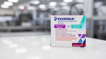 A photo taken on February 8, 2022 shows a box of Evusheld, a drug for antibody therapy developed by pharmaceutical company AstraZeneca for the prevention of COVID-19 in immunocompromised patients at the AstraZeneca facility for biological medicines in SxF