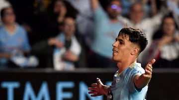 Gabri Veiga celebra el segundo gol anotado contra el Barcelona en Balaídos.