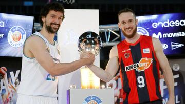 GRAF8987. MADRID, 12/06/2018.- El base del Real Madrid Sergio Llull (i) y el base brasileño del Kirolbet Baskonia Marcelinho Huertas durante la presentación de la final de la liga Endesa que comienza mañana en el Wizinc Center de Madrid. EFE/ Juan Carlos Hidalgo