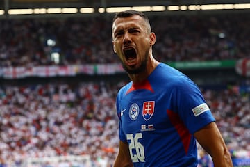 Gelsenkirchen (Germany), 30/06/2024.- Ivan Schranz celebra el tanto anotado frente a Inglaterra en el partido de octavos. (Alemania, Eslovaquia) EFE/EPA/FILIP SINGER
