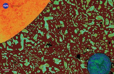 "La soldadura es un paso de fabricación esencial para unir conductores eléctricos. Conlleva fusionar y solidificar materiales, lo que puede hacer que el material tenga huecos y se encoja durante el proceso. Para mejorar el proceso de soldadura en la Tierra —y permitir reparaciones y manufactura en el espacio profundo— los investigadores llevaron a cabo experimentos a bordo de la Estación Espacial Internacional. Se fabricaron perlas de soldadura solidificadas a bordo de la estación en un entorno de microgravedad y se enviaron de vuelta a la Tierra para su investigación, donde los científicos cortaron, pulieron y fotografiaron las muestras bajo un microscopio. Esta fotografía muestra un cable de cobre (naranja, arriba a la izquierda) y vacío (círculo azul verdoso, abajo a la derecha) rodeados de material de soldadura de color marrón oscuro y azul verdoso, que se asemeja al sistema solar, con el cable como Sol y el vacío como la Tierra".