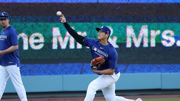 Apr 11, 2025; Los Angeles, California, USA; Los Angeles Dodgers designated hitter Shohei Ohtani (17) warms up before a game against the Chicago Cubs at Dodger Stadium. Mandatory Credit: Kiyoshi Mio-Imagn Images