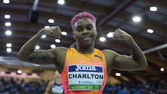 La atleta bahameña Devynne Charlton tras ganar la prueba femenina de 60 metros vallas en la reunión en pista cubierta de Madrid.