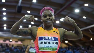La atleta bahameña Devynne Charlton tras ganar la prueba femenina de 60 metros vallas en la reunión en pista cubierta de Madrid.