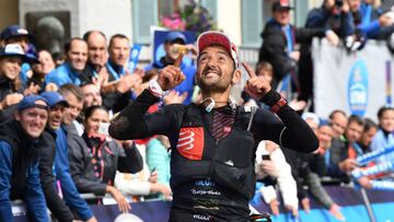 Spain&#039;s Jordi Gamito celebrates as he crosses the finish line to place third in the 170 km Mount Blanc Ultra Trail (UTMB) race around the Mont-Blanc crossing France, Italy and Switzerland, on September 1, 2018 in Chamonix Mont-Blanc. (Photo by JEAN-PIERRE CLATOT / AFP)