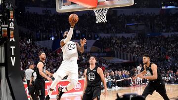 LOS ANGELES, CA - FEBRUARY 18: (L-R) Stephen Curry, LeBron James, Klay Thompson, and Karl-Anthony Towns play during the 67th NBA All-Star Game: Team LeBron Vs. Team Stephen at Staples Center on February 18, 2018 in Los Angeles, California. (Photo by Kevi