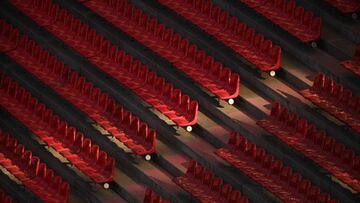 Empty stands are pictured prior the German first division Bundesliga football match FC Cologne vs RB Leipzig, in Cologne, western Germany, on April 20, 2021. (Photo by Lukas SCHULZE / POOL / AFP) / DFL REGULATIONS PROHIBIT ANY USE OF PHOTOGRAPHS AS IMAGE 