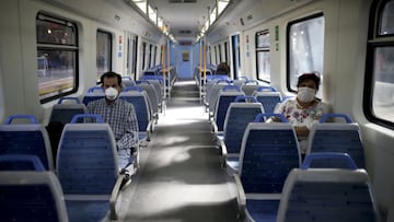 FILE - In this March 20, 2020 file photo, people wearing masks as a precaution amid the spread of the new coronavirus ride an empty train in Buenos Aires, Argentina. The capital city will reopen to tourism starting in December 2020, requiring PCR tests but not quarantine. (AP Photo/Natacha Pisarenko, File)