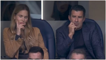 Luis Figo y su apreja sentimental, Helen Svedin en el palco del estadio Santiago Bernabéu.