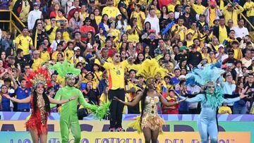 Colombian singer Ryan Castro performs before the 2024 FIFA U-20 Women's World Cup match between Colombia and Australia at El Campin stadium in Bogota on August 31, 2024. (Photo by Luis ACOSTA / AFP)