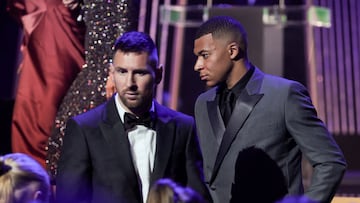 Inter Miami CF's Argentine forward Lionel Messi (L) and Paris Saint Germain's French forward Kylian Mbappe (R) attend the 2023 Ballon d'Or France Football award ceremony at the Theatre du Chatelet in Paris on October 30, 2023. (Photo by FRANCK FIFE / AFP)