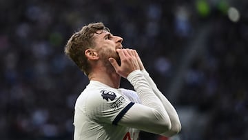 Soccer Football - Premier League - Tottenham Hotspur v Nottingham Forest - Tottenham Hotspur Stadium, London, Britain - April 7, 2024 Tottenham Hotspur's Timo Werner reacts REUTERS/Dylan Martinez NO USE WITH UNAUTHORIZED AUDIO, VIDEO, DATA, FIXTURE LISTS, CLUB/LEAGUE LOGOS OR 'LIVE' SERVICES. ONLINE IN-MATCH USE LIMITED TO 45 IMAGES, NO VIDEO EMULATION. NO USE IN BETTING, GAMES OR SINGLE CLUB/LEAGUE/PLAYER PUBLICATIONS.