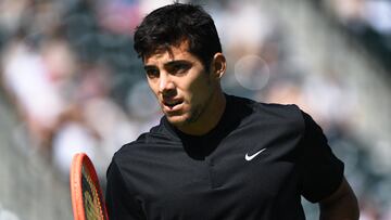 Mar 12, 2023; Indian Wells, CA, USA; Cristian Garin (CHI) during his third round match against Casper Ruud (NOR) during the BNP Paribas Open at Indian Wells Tennis Garden. Mandatory Credit: Jonathan Hui-USA TODAY Sports