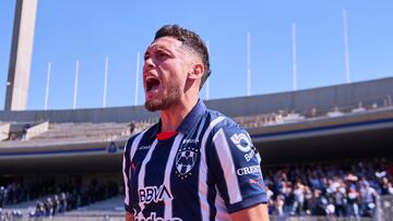 Lucas Ocampos celebrates his goal 1-2 of Monterrey during the Quarter final second leg match between Pumas UNAM and Monterrey as part of the Liga BBVA MX, Torneo Apertura 2024 at Olimpico Universitario Stadium on December 01, 2024 in Mexico City, Mexico.