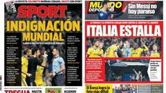 Portadas de los diarios Sport y Mundo Deportivo del 13 de abril de 2018.