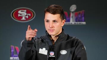 HENDERSON, NEVADA - FEBRUARY 07: Brock Purdy #13 speaks to the media during San Francisco 49ers media availability ahead of Super Bowl LVIII at Hilton Lake Las Vegas Resort and Spa on February 07, 2024 in Henderson, Nevada.   Chris Unger/Getty Images/AFP (Photo by Chris Unger / GETTY IMAGES NORTH AMERICA / Getty Images via AFP)