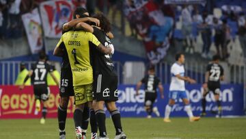Futbol, Universidad Catolica vs Colo Colo.
Supercopa 2022.
El jugador de Colo Colo Bryan Cortes, centro, celebra el gol contra Universidad Catolica durante el partido por la Supercopa realizado en el estadio Municipal Ester Roa Rebolledo.
Concepcion, C