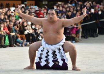 Los dos luchadores que compiten bajo los nombres de Yokozuna Kakuryu y Harumafuji son originarios de Mongolia. La ceremonia de ingreso al ring en la que se hace una ofrenda a los dioses sintoístas dura dos minutos.