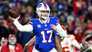 Jan 21, 2024; Orchard Park, New York, USA; Buffalo Bills quarterback Josh Allen (17) drops back to pass against the Kansas City Chiefs in the first half of the 2024 AFC divisional round game at Highmark Stadium. Mandatory Credit: Mark Konezny-USA TODAY Sports