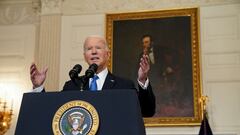 U.S. President Joe Biden speaks about the aid package for Ukraine, from the State Dining Room of the White House in Washington, D.C., U.S., February 13, 2024. REUTERS/Kevin Lamarque