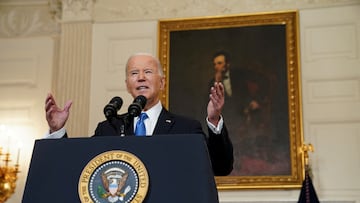 U.S. President Joe Biden speaks about the aid package for Ukraine, from the State Dining Room of the White House in Washington, D.C., U.S., February 13, 2024. REUTERS/Kevin Lamarque