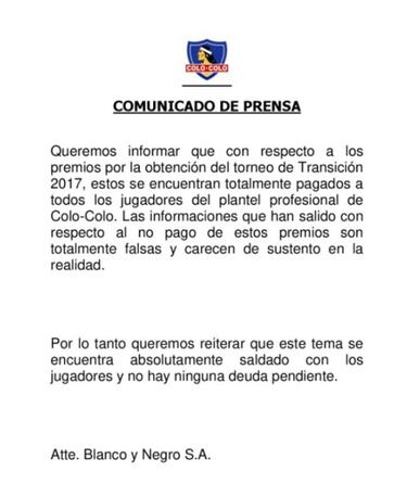 Colo Colo reacciona y emite declaración por 'tema premios'