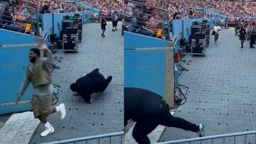 Khalid played a show in Nashville and as he was running behind the crowd of thousands, his security guard tried to keep up, but took two tumbles in a row.