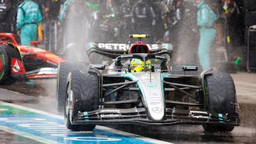 Mercedes' British driver Lewis Hamilton leaves the pits during the Formula One Sao Paulo Grand Prix, at the Jose Carlos Pace racetrack, aka Interlagos, in Sao Paulo, Brazil, on November 3, 2024. (Photo by Sebastiao Moreira / AFP)