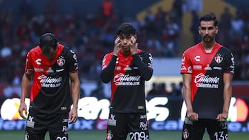 Augusto Solari, Jorge Guzman, Gaddi Aguirre of Atlas during the game Atlas vs Tigres UANL, corresponding to Round 08 of the Torneo Apertura 2023 of the Liga BBVA MX, at Jalisco Stadium, on September 17, 2023.
<br><br>
Augusto Solari, Jorge Guzman, Gaddi Aguirre de Atlas durante el partido Atlas vs Tigres UANL, correspondiente a la Jornada 08 del Torneo Apertura 2023 de la Liga BBVA MX, en el Estadio Jalisco, el 17 de Septiembre de 2023.