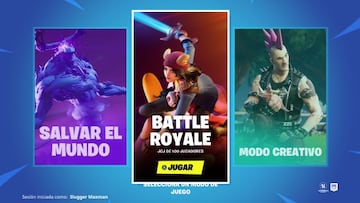 Esta es la pantalla de inicio de Fortnite, en la que seleccionamos el modo de juego