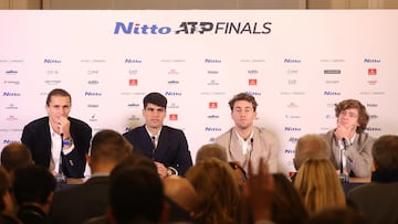 Turin (Italy), 07/11/2024.- (L-R) Alexander Zverev, Carlos Alcaraz, Casper Ruud and Andrej Rublev during the press conference on the occasion of the Nitto ATP Finals 2024 in Turin, 07 November 2024. The ATP Finals will run from 10-17 November 2024. (Tenis, Italia) EFE/EPA/ALESSANDRO DI MARCO
