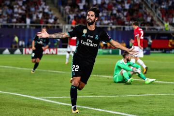 Isco celebrates after scoring in Real Madrid's UEFA Super Cup win over Manchester United on Tuesday.