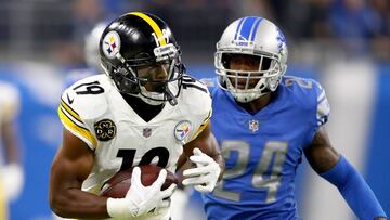 DETROIT, MI - OCTOBER 29: Wide receiver JuJu Smith-Schuster #19 of the Pittsburgh Steelers runs with the ball after a making a catch against cornerback Nevin Lawson #24 of the Detroit Lions at Ford Field on October 29, 2017 in Detroit, Michigan.   Gregory Shamus/Getty Images/AFP
 == FOR NEWSPAPERS, INTERNET, TELCOS &amp; TELEVISION USE ONLY ==