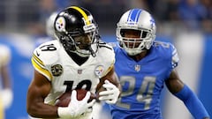 DETROIT, MI - OCTOBER 29: Wide receiver JuJu Smith-Schuster #19 of the Pittsburgh Steelers runs with the ball after a making a catch against cornerback Nevin Lawson #24 of the Detroit Lions at Ford Field on October 29, 2017 in Detroit, Michigan.   Gregory Shamus/Getty Images/AFP
 == FOR NEWSPAPERS, INTERNET, TELCOS &amp; TELEVISION USE ONLY ==