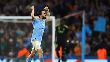 Soccer Football - Champions League - Semi Final - Second Leg - Manchester City v Real Madrid - Etihad Stadium, Manchester, Britain - May 17, 2023 Manchester City's Bernardo Silva celebrates their third goal an own goal scored by Real Madrid's Eder Militao REUTERS/Carl Recine