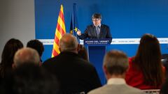 El expresidente de la Generalitat y candidato de Junts a las elecciones catalanas, Carles Puigdemont, durante su comparecencia ante los medios de comunicación, en Les 5 Éléments, a 26 de marzo de 2024, en Perpignan (Francia). El motivo de la comparecencia es explicar el acuerdo que ha firmado Junts con Joventut Republicana, Els Verds-Alternativa Verda, Reagrupament, Acció per la República, Estat Català, Mescat y Demòcrates, de cara a las elecciones catalanas del 12M.
26 MARZO 2024;CATALUÑA;CATALUNYA;PUIGDEMONT;ACUERDO;INDEPENDENCIA;INDEPENDENTISTAS;ELECCIONES CATALANAS;PRESIDENTE;JUNTS;PARTIDOS POLÍTICOS
Glòria Sánchez / Europa Press
26/03/2024