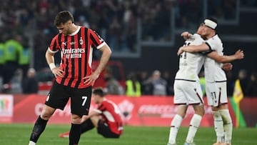 AC Milan's Mexican forward #07 Santiago Gimenez reacts at the end of the Italian Cup (Coppa Italia) final football match between AC Milan and Bologna at the Olympic stadium in Rome, on May 14, 2025. (Photo by Isabella BONOTTO / AFP)