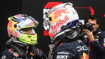 Red Bull Racing's Dutch driver Max Verstappen (R) is congratulated by Red Bull Racing's Mexican driver Sergio Perez after the sprint at the Red Bull race track in Spielberg, Austria on July 1, 2023, ahead of the Formula One Austrian Grand Prix. (Photo by VLADIMIR SIMICEK / AFP)