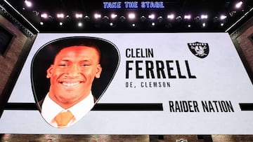 NASHVILLE, TENNESSEE - APRIL 25: A video board displays an image of Clelin Ferrell of Clemson after he was selected #4 overall by the Oakland Raiders during the first round of the 2019 NFL Draft on April 25, 2019 in Nashville, Tennessee.   Andy Lyons/Getty Images/AFP
 == FOR NEWSPAPERS, INTERNET, TELCOS &amp; TELEVISION USE ONLY ==