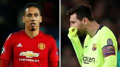 Chris Smalling y Leo Messi en im&aacute;genes del partido de ida de cuartos de final de la Champions entre Manchester United y Barcelona.