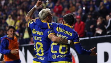   Salvador Reyes celebrate this goal 0-1w¡ with Cristian Calderon of America  during the 1st round match between Tijuana and America as part of the Torneo Clausura 2024 Liga MX at Caliente Stadium on January 13, 2024 in Tijuana, Baja California, Mexico.