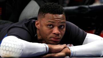 NEW YORK, NY - DECEMBER 16: Russell Westbrook #0 of the Oklahoma City Thunder looks on prior to taking on the New York Knicks during their game at Madison Square Garden on December 16, 2017 in New York City. NOTE TO USER: User expressly acknowledges and agrees that, by downloading and or using this photograph, User is consenting to the terms and conditions of the Getty Images License Agreement.   Abbie Parr/Getty Images/AFP
 == FOR NEWSPAPERS, INTERNET, TELCOS &amp; TELEVISION USE ONLY ==